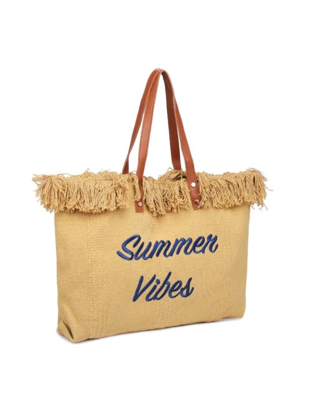 Summer Vibes Straw Tote Bag Blue Embroidery